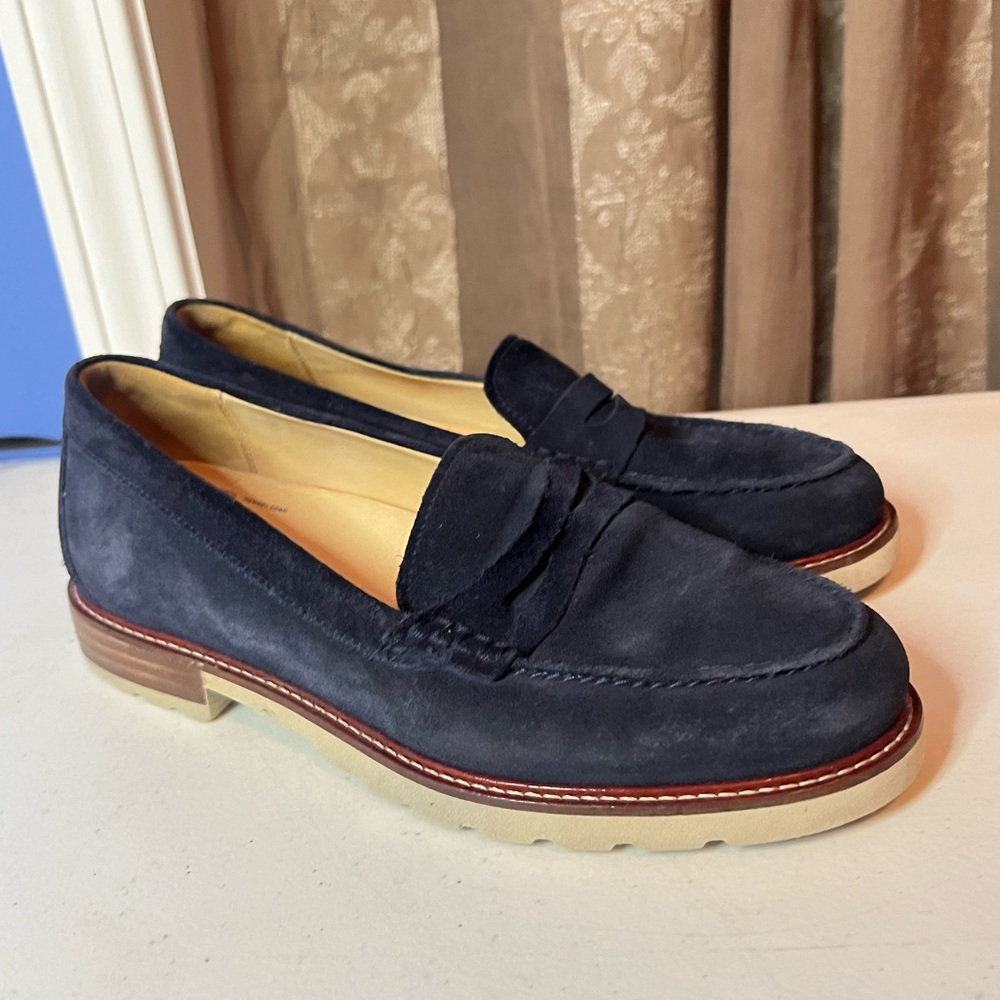 Samuel Hubbard tailored traveler suede penny loafers navy blue women's 8